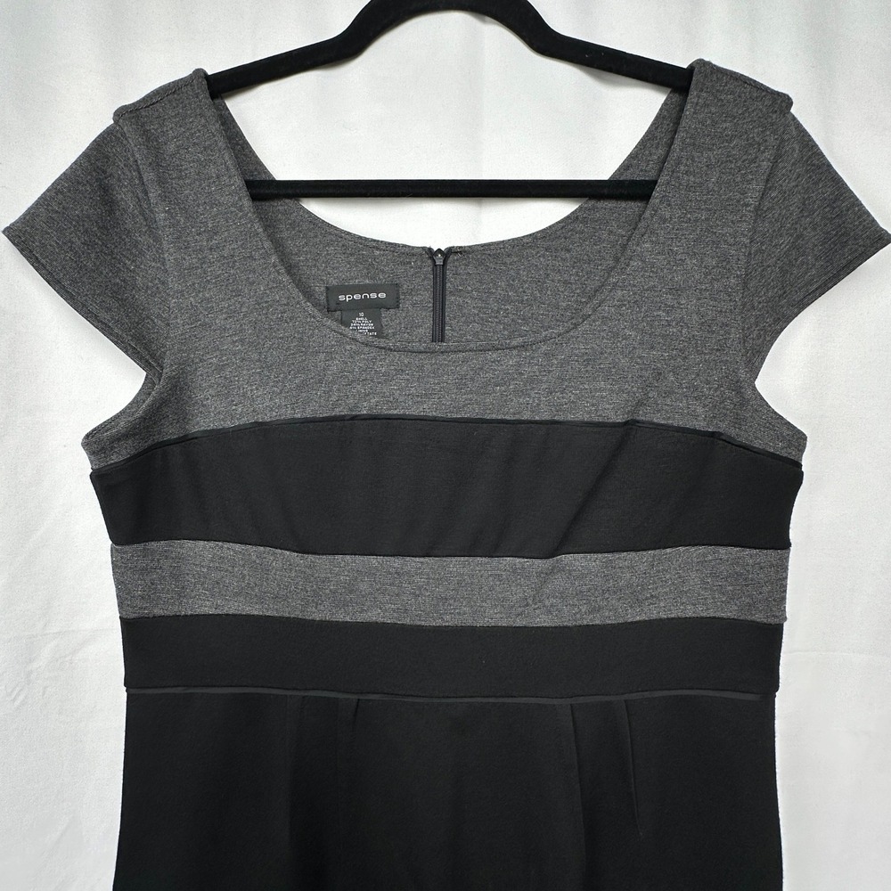 Preppy Classic Colorblock Sheath Dress Black Gray Cap Sleeve Spense Business Cas